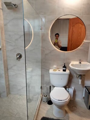 Ein modernes Badezimmer mit Duschkabine aus Glas, Toilette, Waschbecken und Spiegel mit Holzrahmen.