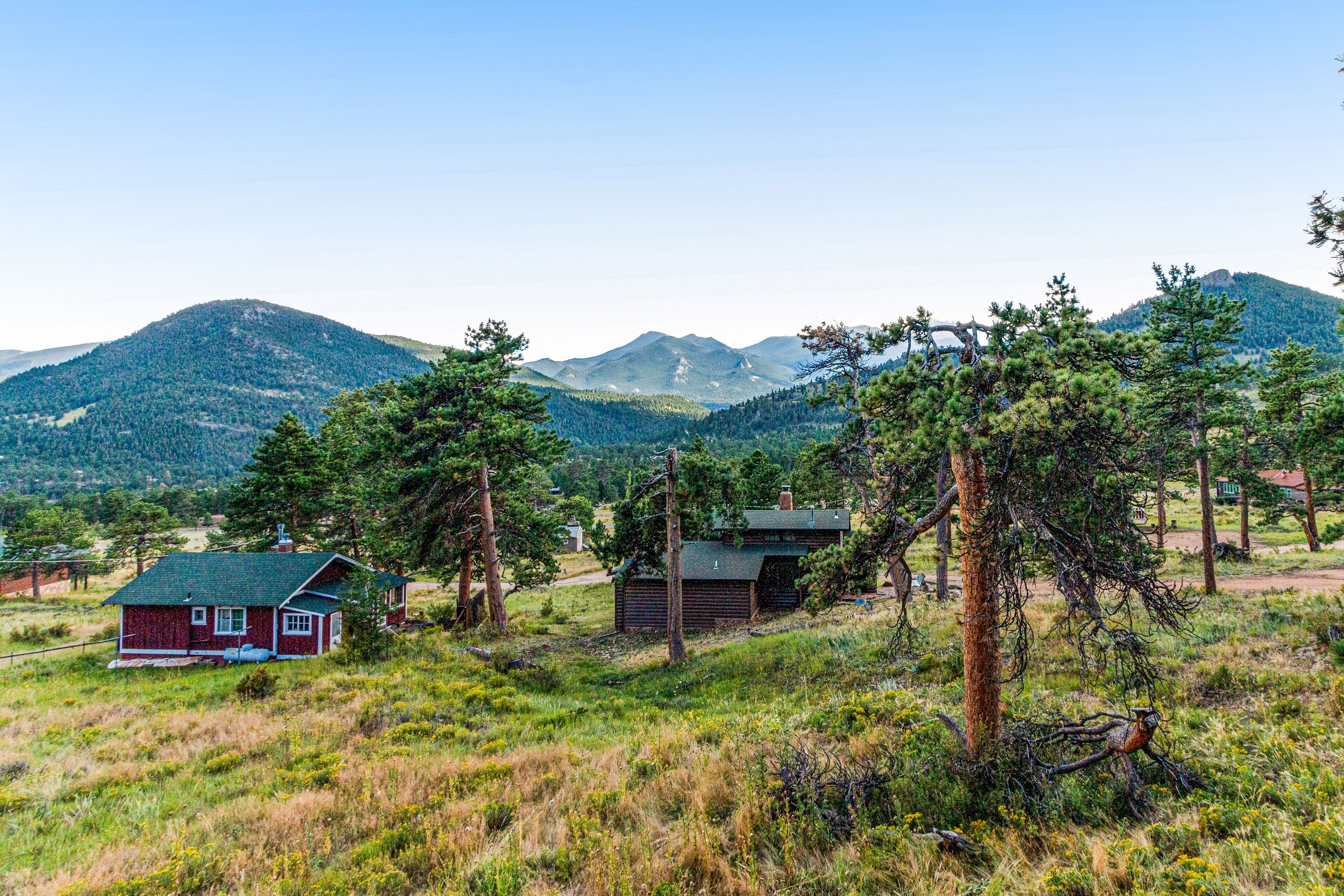 A rustic cabin with a green roof, surrounded by a forested area and mountains in the background.