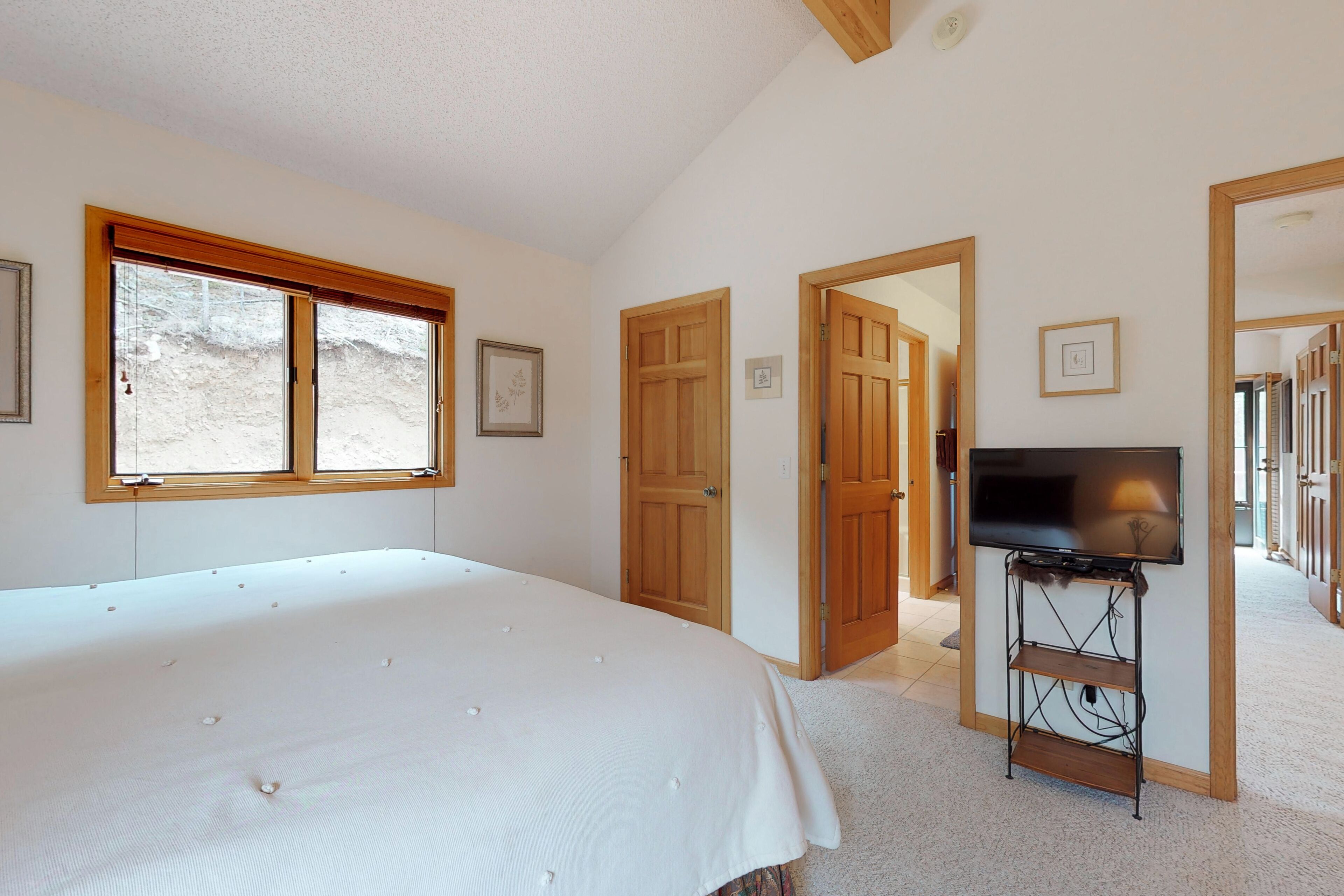 A bedroom with a large bed, a TV on a stand, wooden doors, and a window.