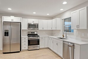 A modern kitchen with white cabinets, stainless steel appliances, and a window with blinds.