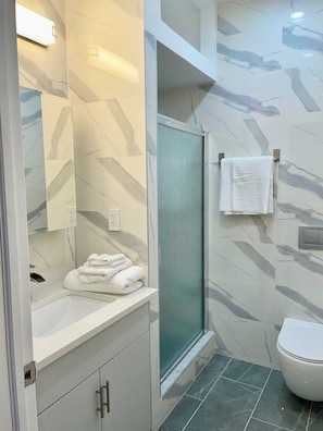 Hair dryer, towels, soap, toilet paper