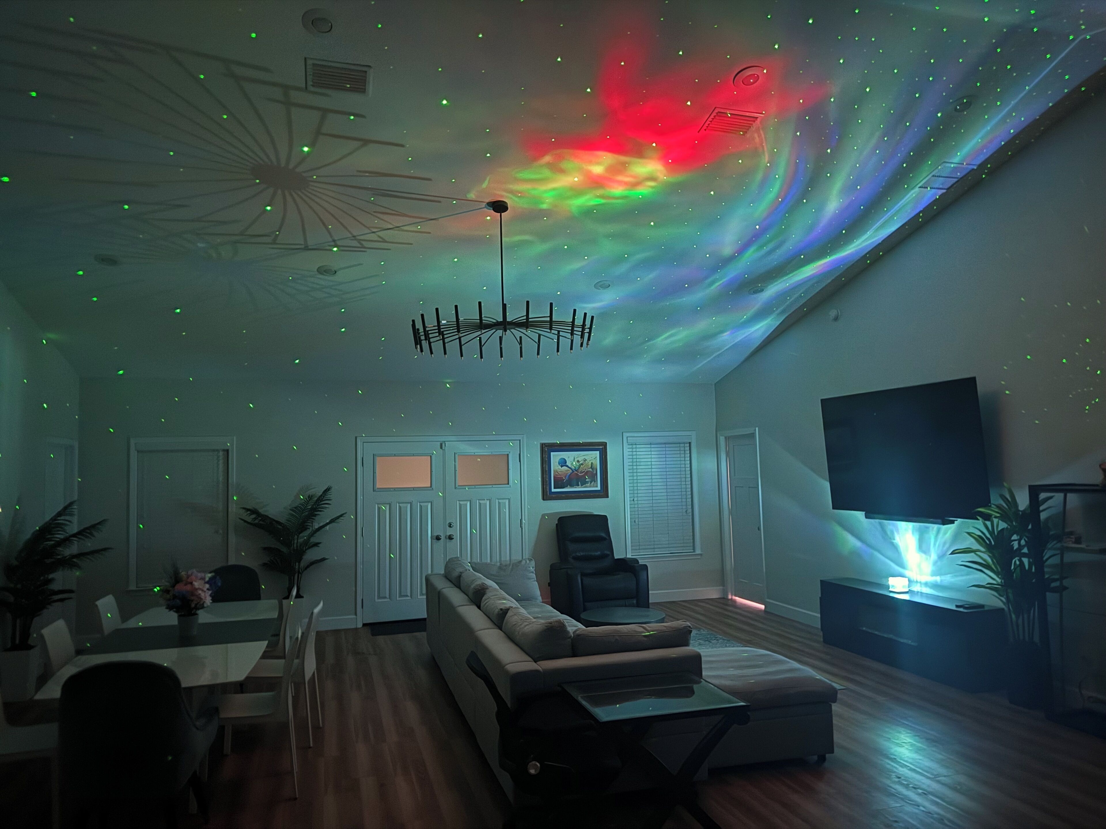 Smart TV, fireplace, stereo, printers