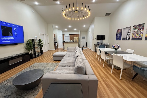 Smart TV, fireplace, stereo, printers