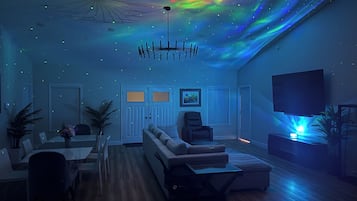 Smart TV, fireplace, stereo, printers