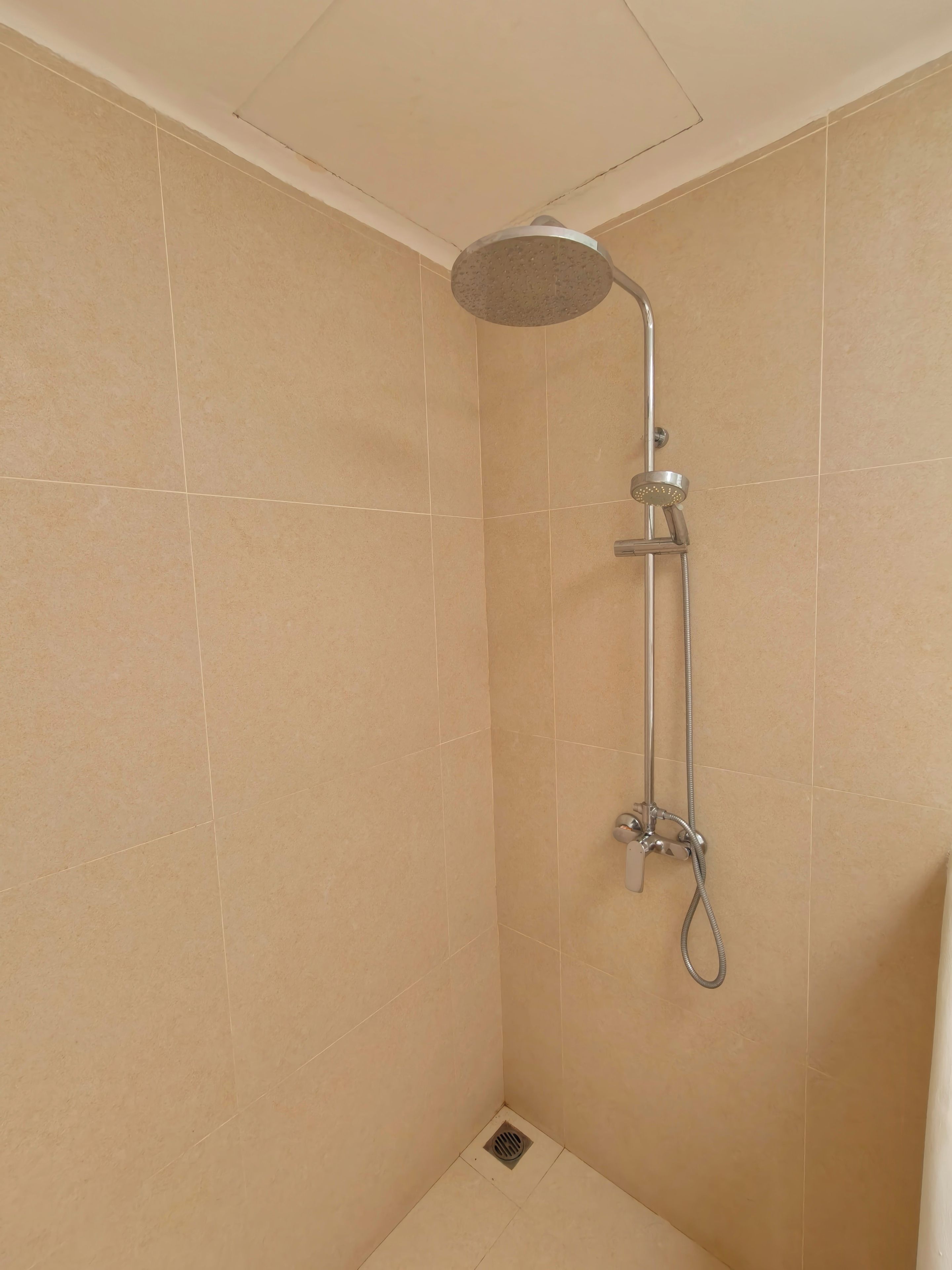 A corner shower with a handheld showerhead and a wall-mounted faucet.