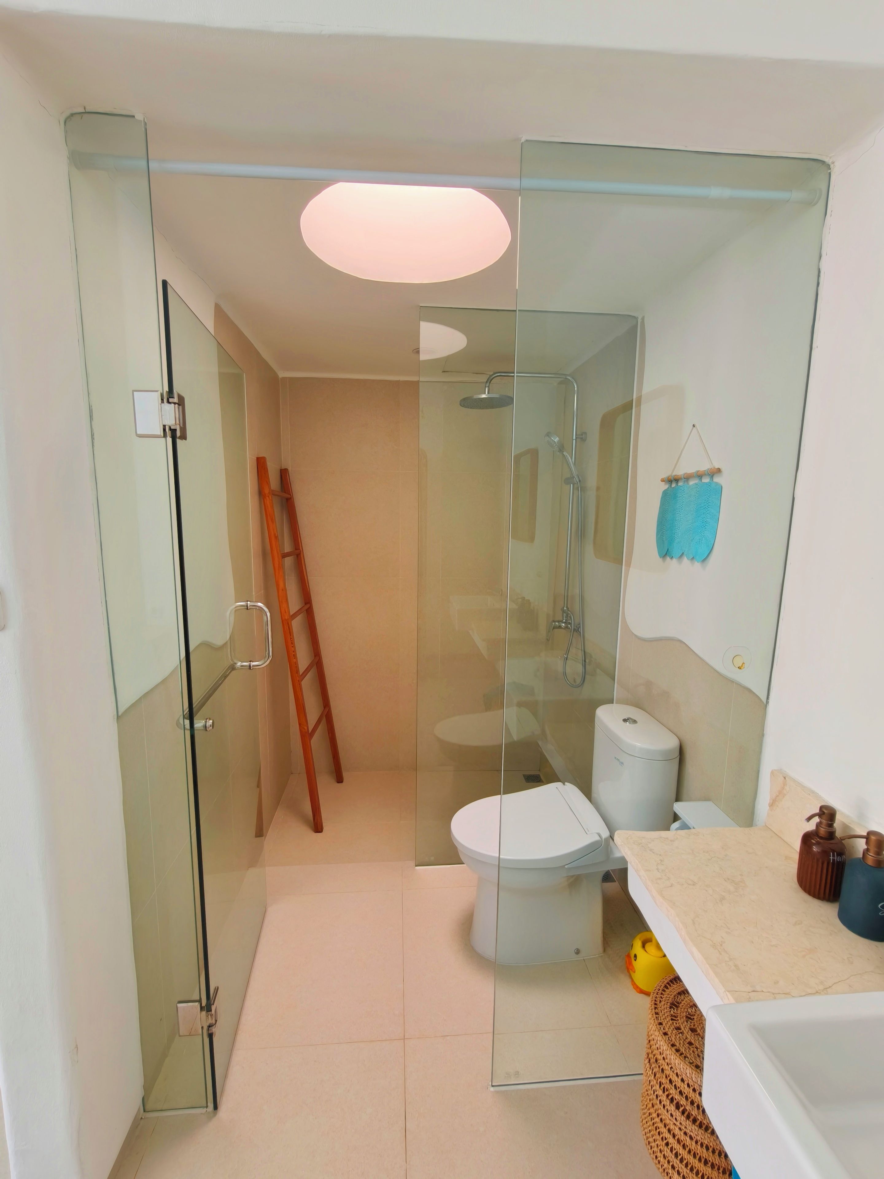 A bathroom with a glass-enclosed shower, a toilet, and a sink area.