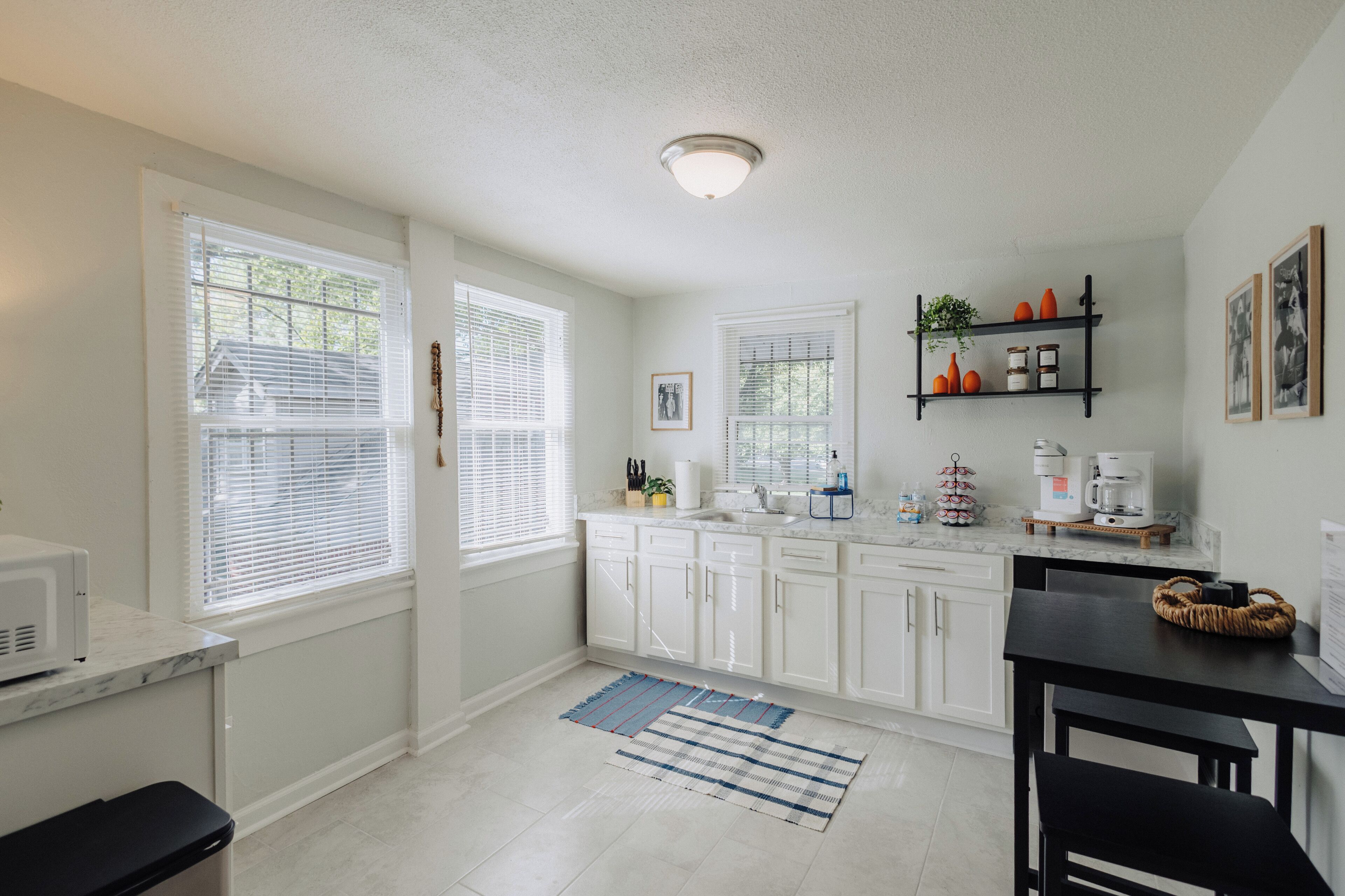 Fridge, microwave, coffee/tea maker, electric kettle