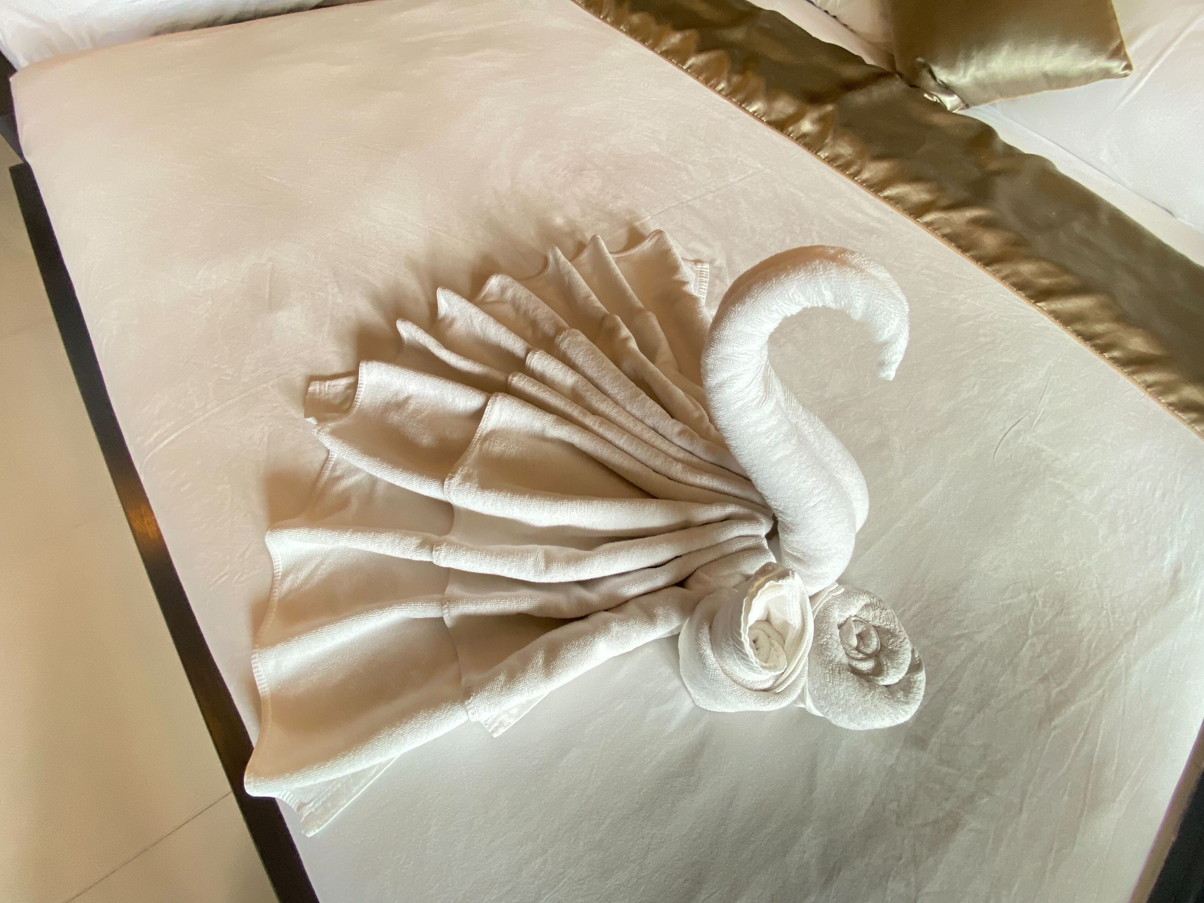 A neatly folded towel in the shape of a swan on a bed.