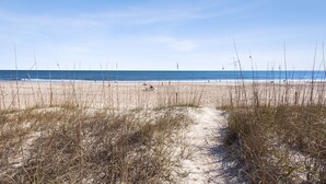 A beach with a clear sky, sandy shore, and sparse vegetation. - Oceanfront Pet-Friendly Retreat w/ Private Courtyard (Fernandina Beach)