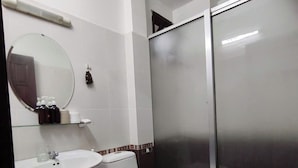 Une salle de bain équipée d’un lavabo, de toilettes et d’une douche à parois en verre.