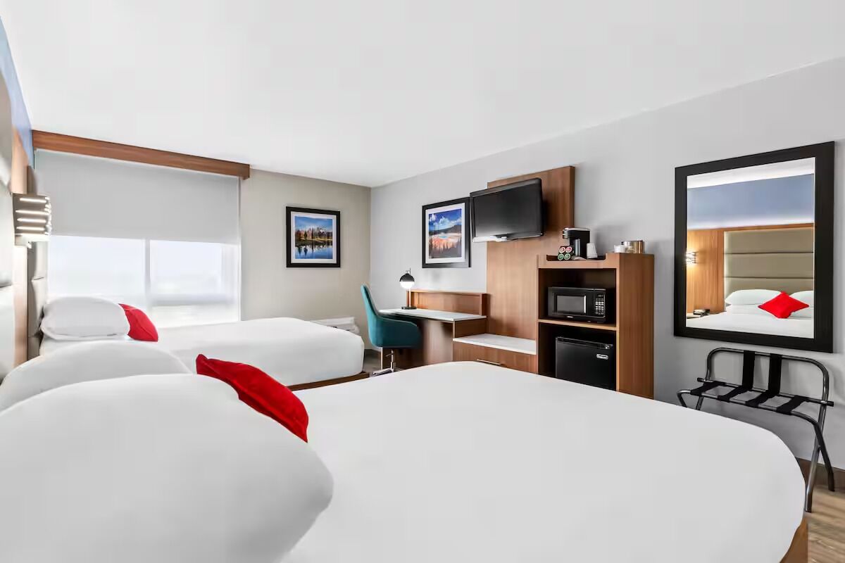 Start mornings easily with two beds and in-room convenience.