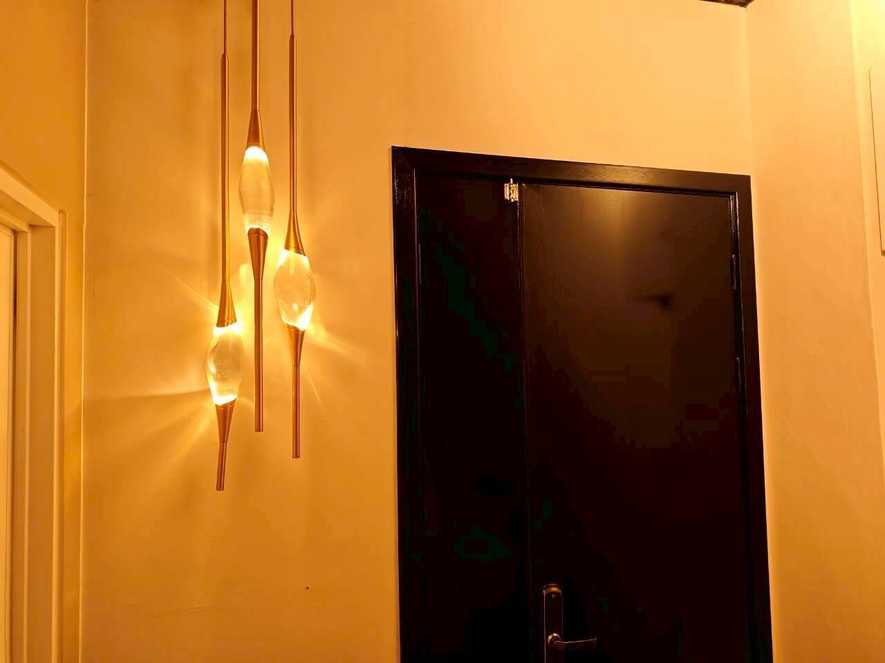 Une porte avec une poignée et un luminaire au-dessus.