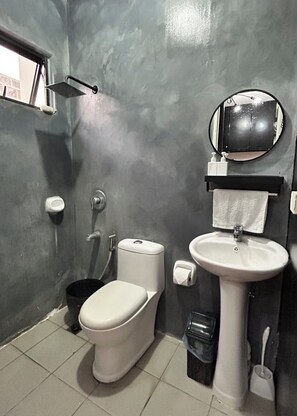 Hair dryer, bidet, towels, soap