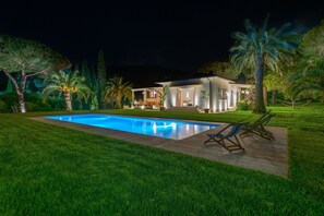 Une maison moderne dotée d’une piscine, entourée d’une végétation luxuriante et de palmiers.