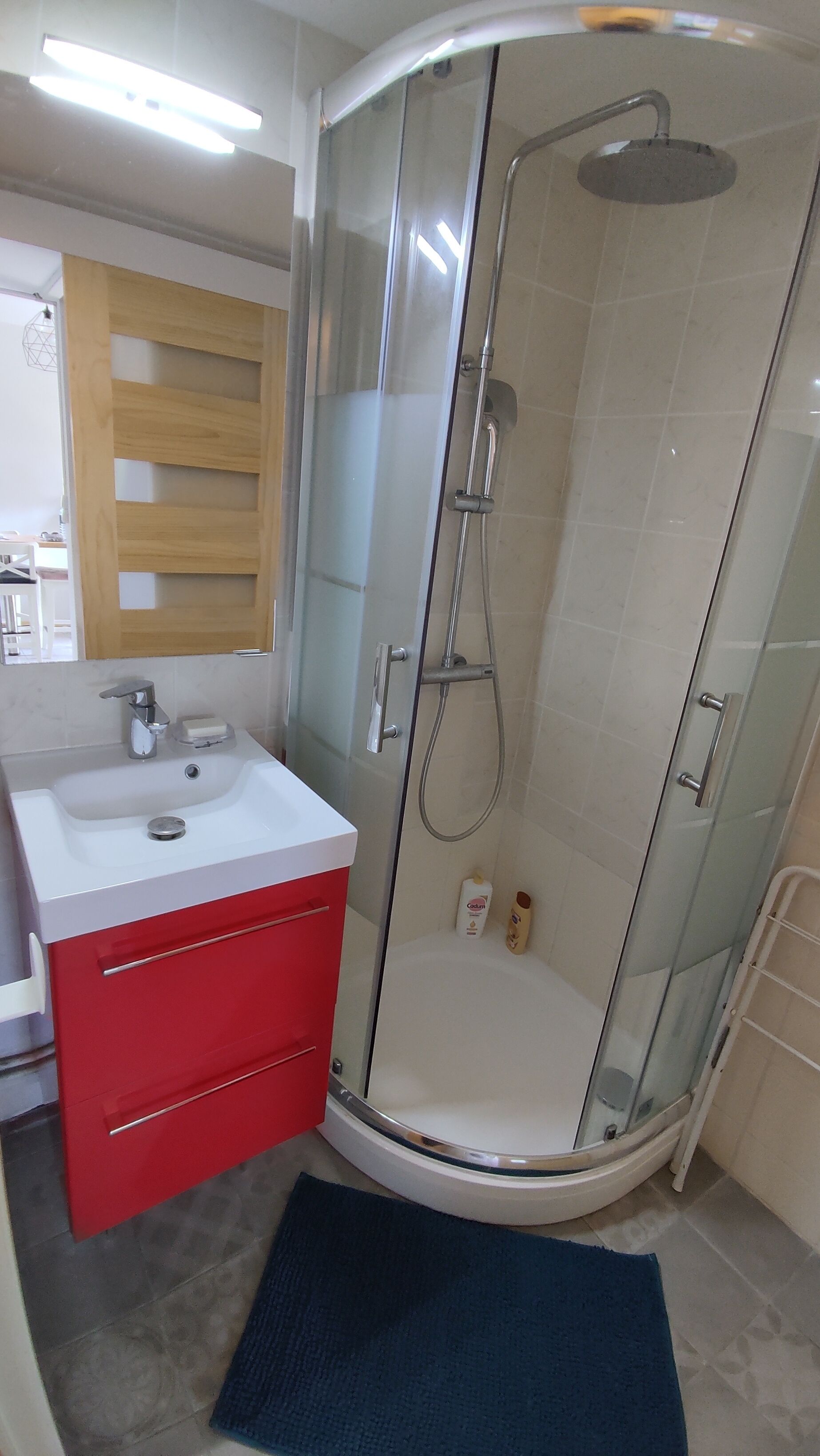 Une salle de bain avec une douche à parois de verre, un lavabo blanc et des meubles rouges.