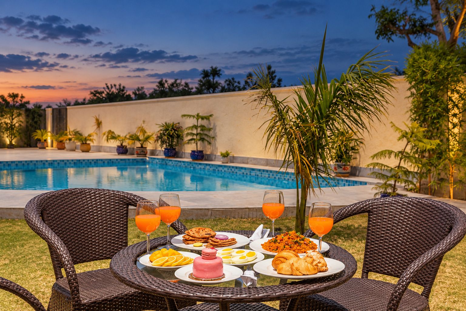 Una mesa de comedor con platos de comida y bebidas, una piscina al fondo y un cielo al atardecer.