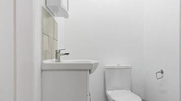 Shower, hair dryer, towels, toilet paper