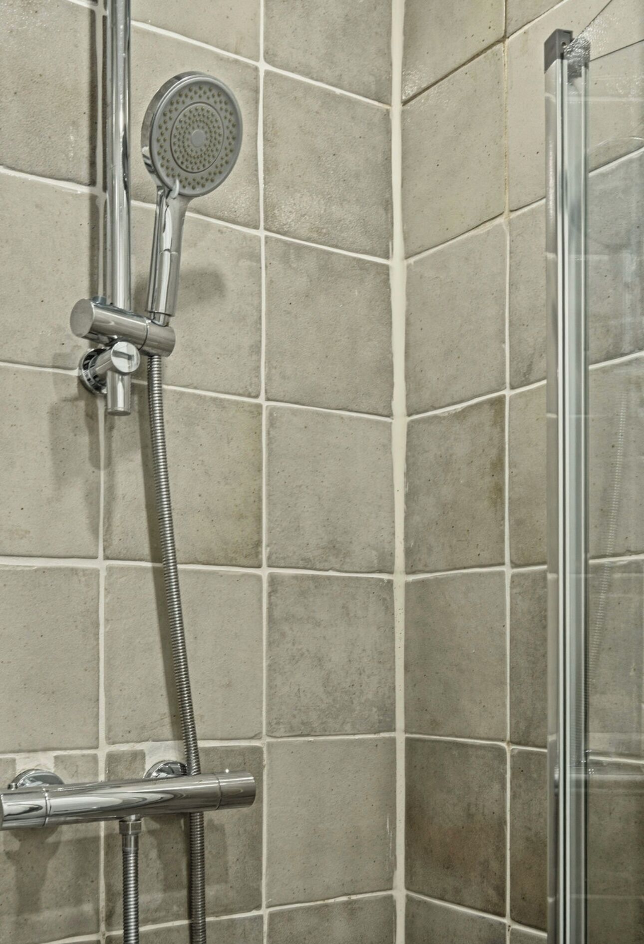 Shower, hair dryer, towels, toilet paper