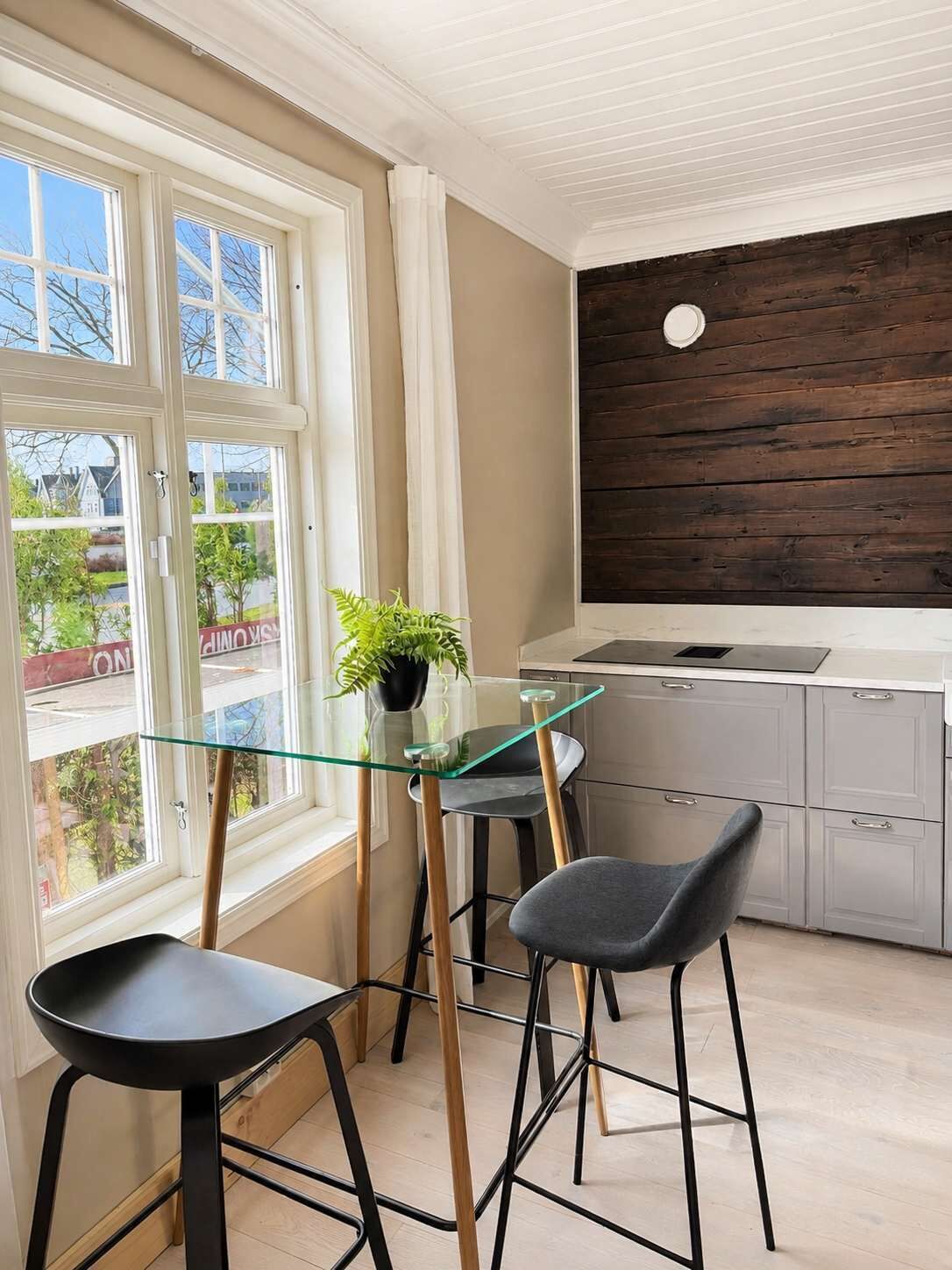 A modern kitchen with a glass dining table and two chairs, a potted plant, and a view of the outside.