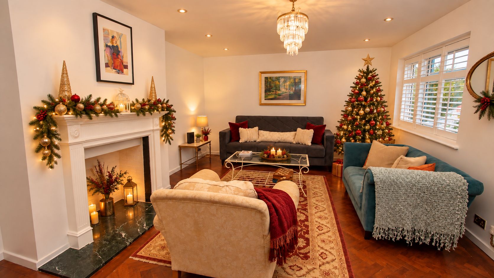 A cozy living room with a fireplace, a Christmas tree, and a comfortable seating area.