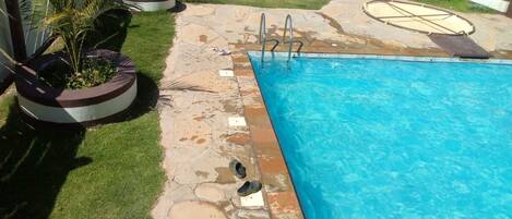 A swimming pool with a stone deck, surrounded by grass and potted plants.