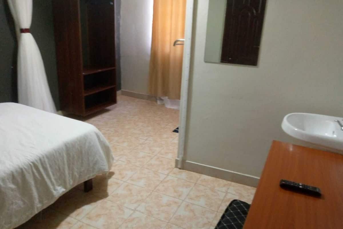 Un dormitorio con cama, armario de madera, baño con lavabo y espejo.