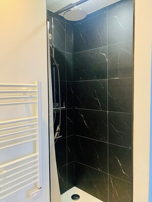 Regadera, secadora de cabello, toallas, jabón 