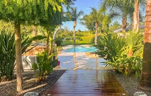 A swimming pool surrounded by tropical plants and a wooden deck. - Très beau gîte piscine - spa (Solliès-Pont)