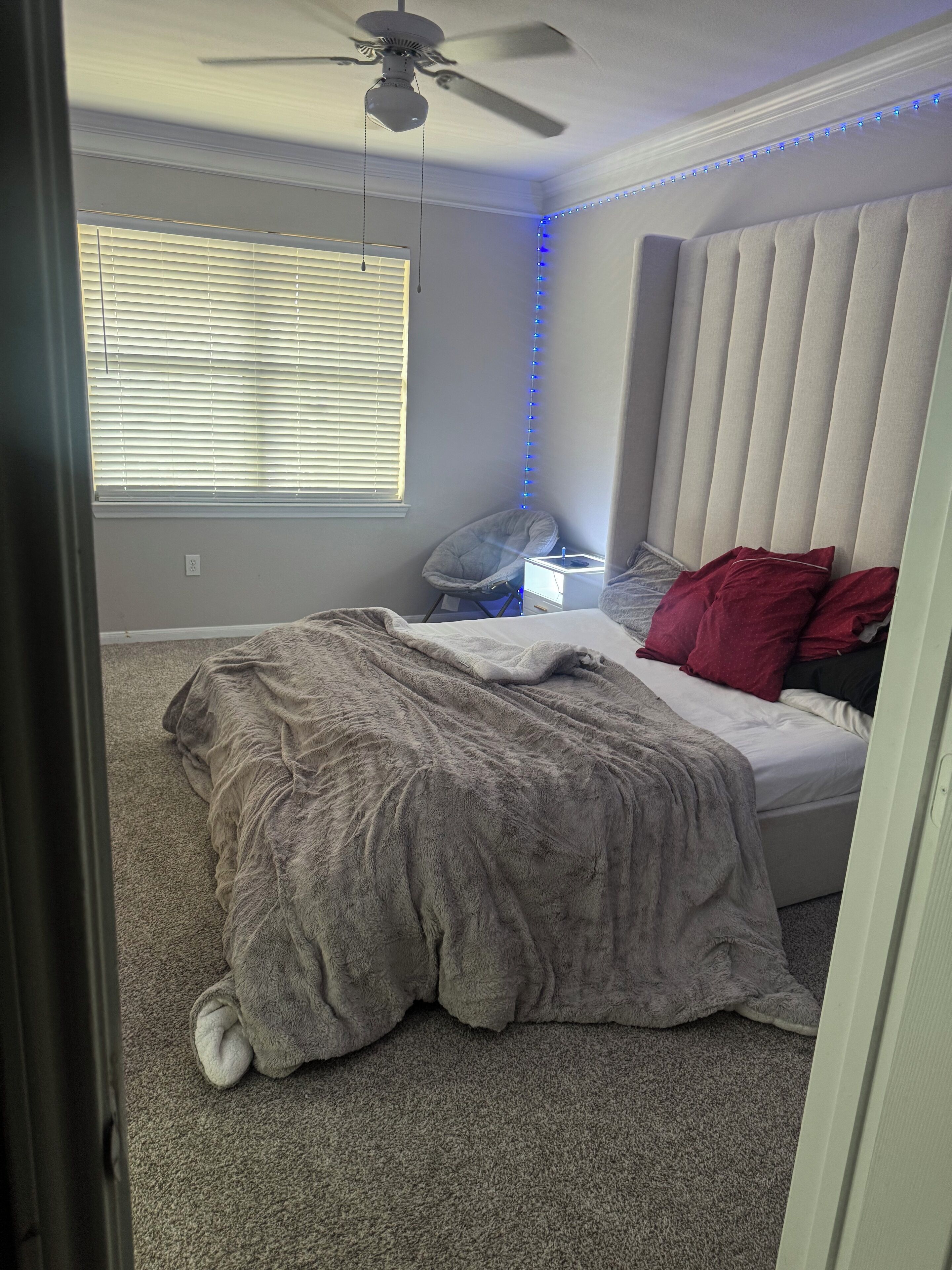 A bedroom with a bed, a chair, a ceiling fan, and a window with blinds.