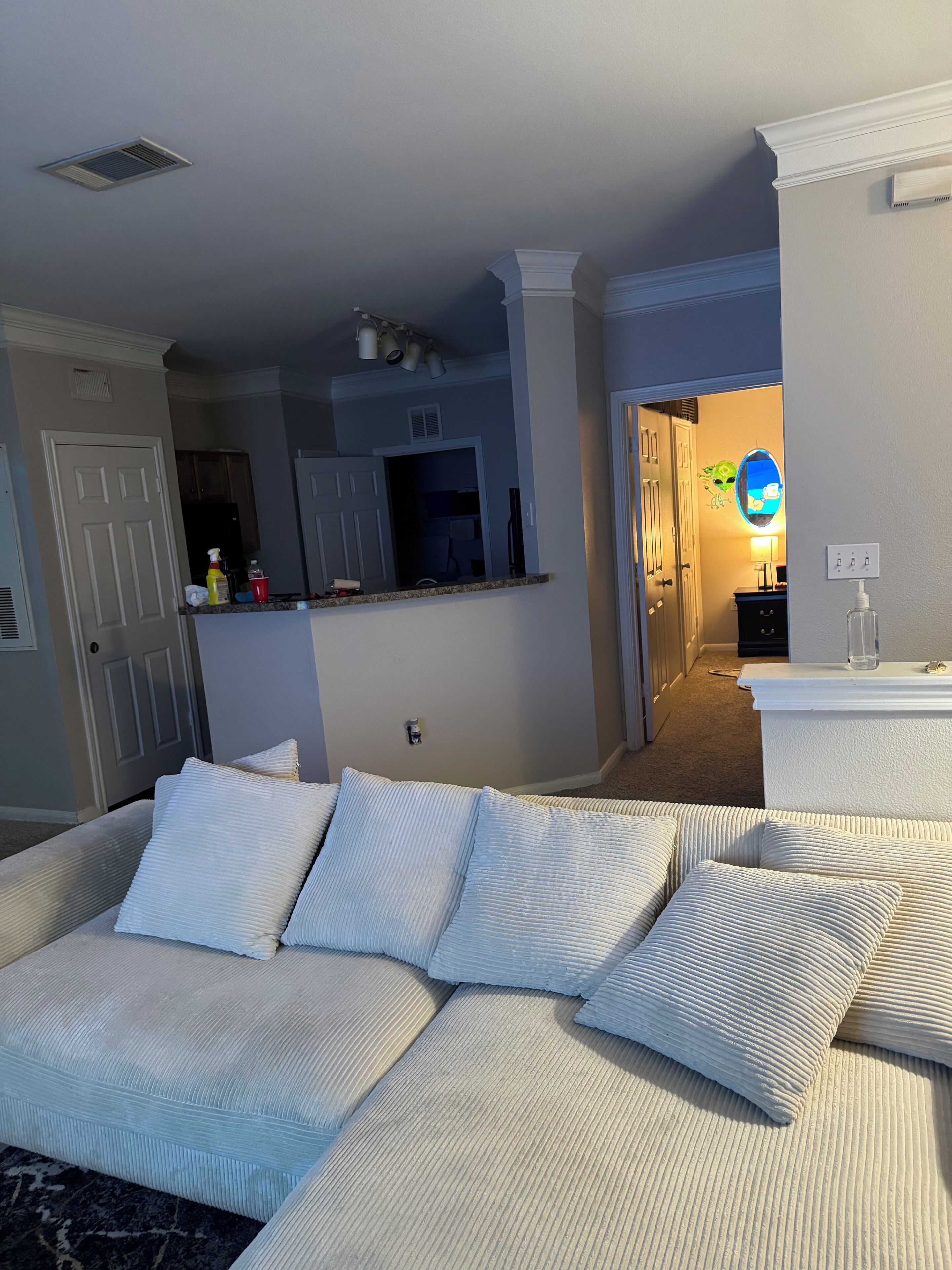 A bedroom with a large bed, a small kitchenette, and a bathroom visible through an open door.
