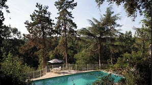 A swimming pool surrounded by trees, with a fenced area and a few lounge chairs. - Stay at the Château- Studio 2P- with pool and park (Fajolles)
