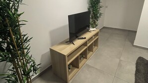 Un salon avec un téléviseur posé sur un meuble en bois, une plante en pot et un sol carrelé.