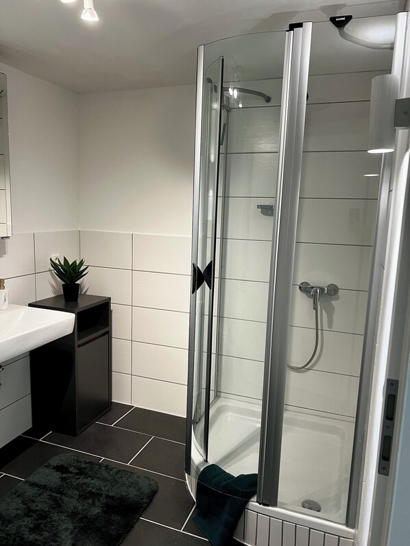Secadora de cabello, toallas, jabón, papel de baño 