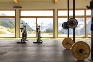 A gym with weightlifting equipment and cardio machines, large windows with a mountain view. - Meisser Hotel "superior" (Guarda)