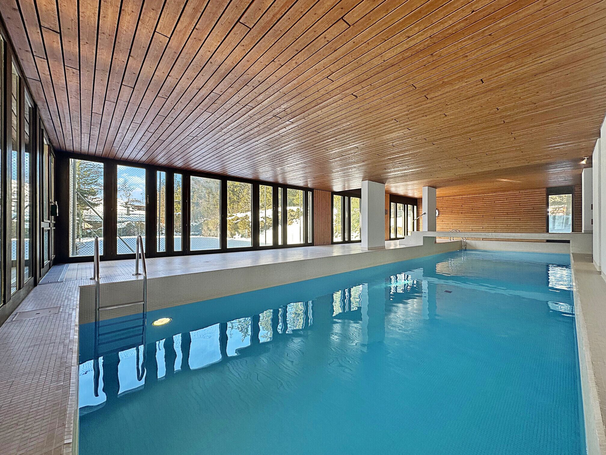 Une piscine intérieure avec un plafond en bois et de grandes fenêtres.