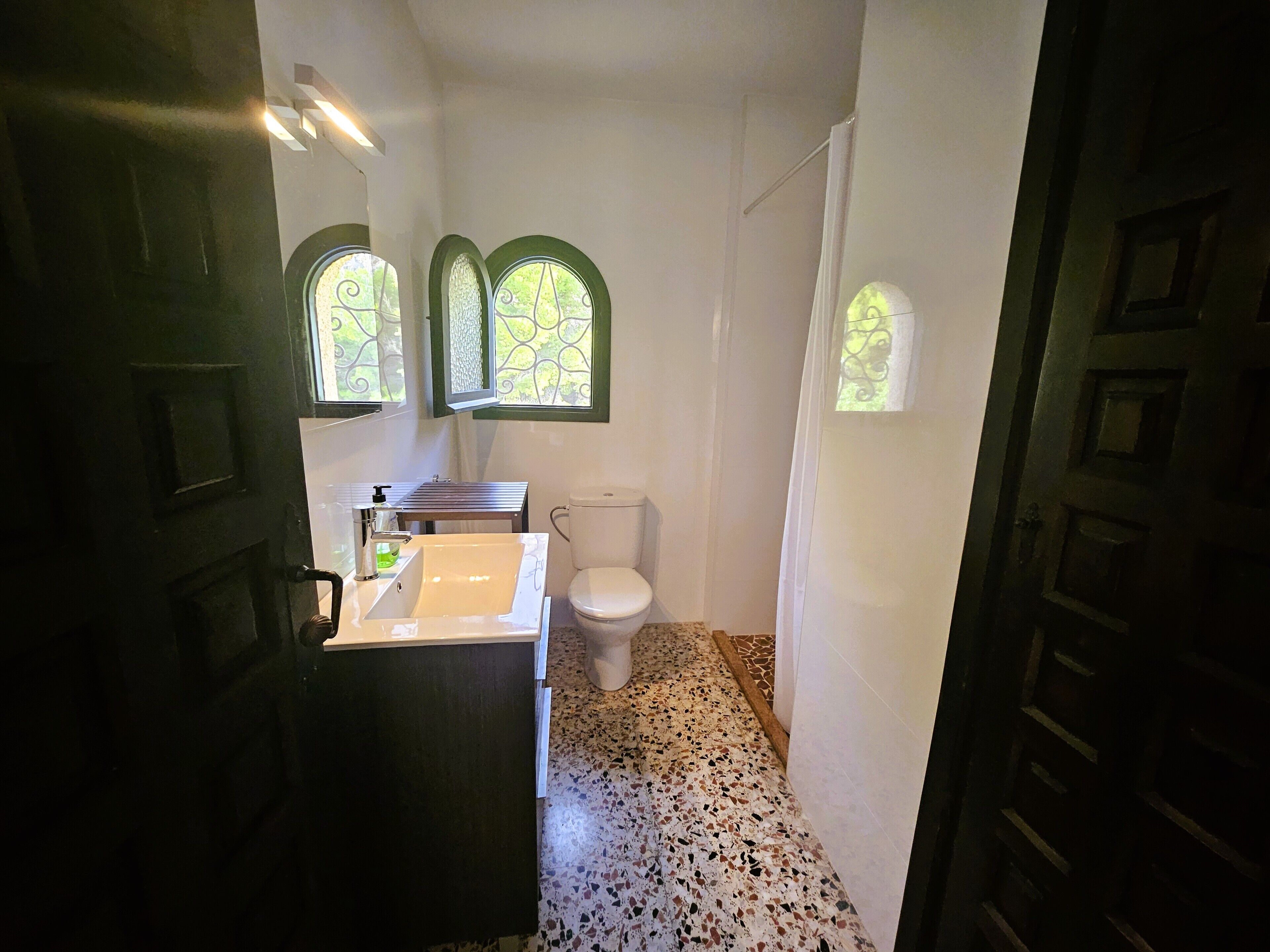 A bathroom with a sink, toilet, and two windows with decorative frames.