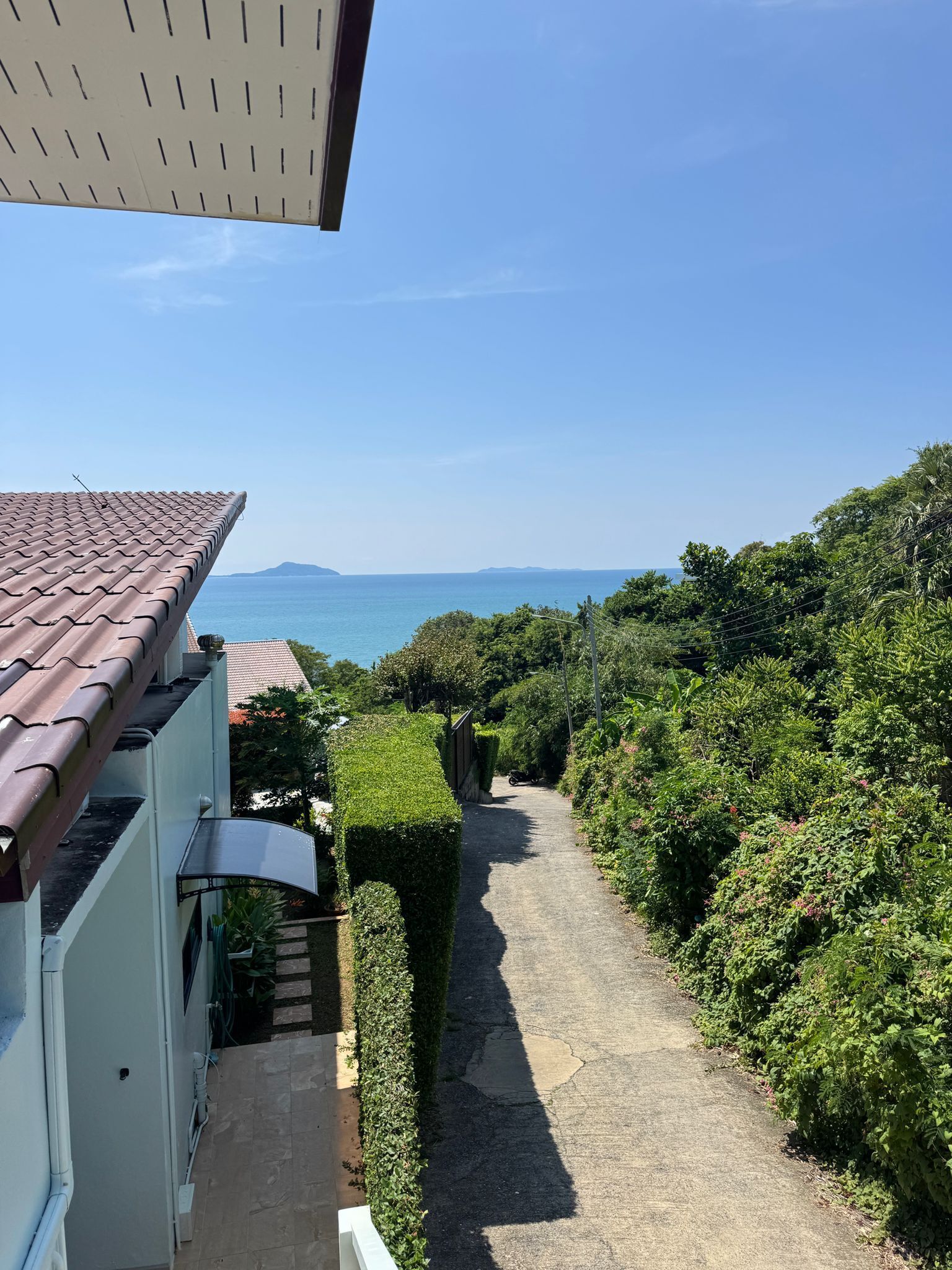 Un sentier menant à un point de vue panoramique sur la mer, entouré d’une végétation luxuriante et surmonté d’un toit en tuiles.