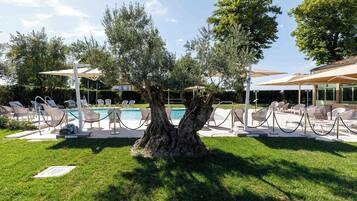 Seasonal outdoor pool, open 8:00 AM to 7:00 PM, pool umbrellas