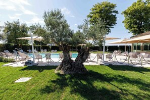 季節性室外游泳池，開放時間為 08:00 至 19:00，提供泳池遮陽傘和日光浴躺椅