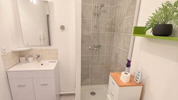 Chuveiro, secador de cabelo, toalhas de banho, sabonete