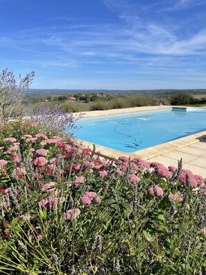 Una piscina circondata da un giardino con fiori e piante varie.