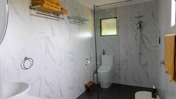 Hair dryer, bidet, towels, soap