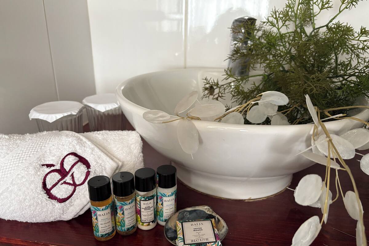 Un baño con un lavabo grande blanco, una toalla blanca con un logotipo rojo y varias botellas de productos capilares Baija.
