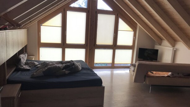Un dormitorio con cama, televisión, sofá y ventanas amplias.