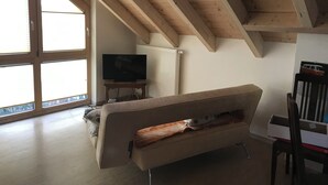 Una sala de estar con techo de madera, un sofá, un televisor sobre un mueble bajo y un radiador.