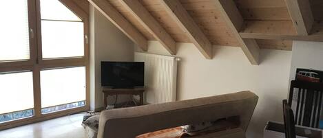 A living room with a wooden ceiling, a sofa, a television on a stand, and a radiator.