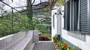 Un espace extérieur abrité, aménagé avec des carreaux décoratifs, des plantes en pot et offrant une vue sur un quartier résidentiel en arrière-plan.