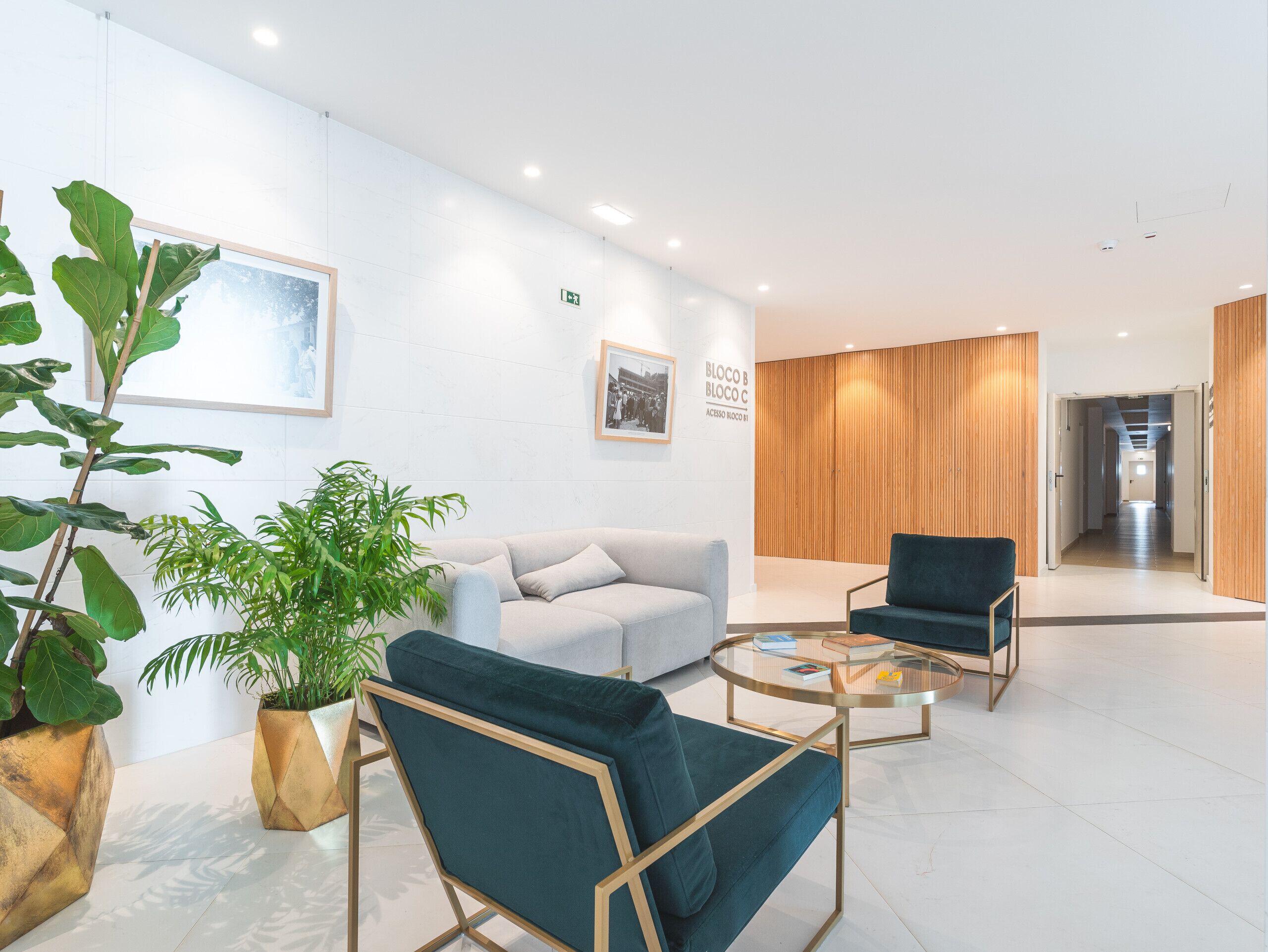 A modern lobby with a sofa, two armchairs, a coffee table, and potted plants.