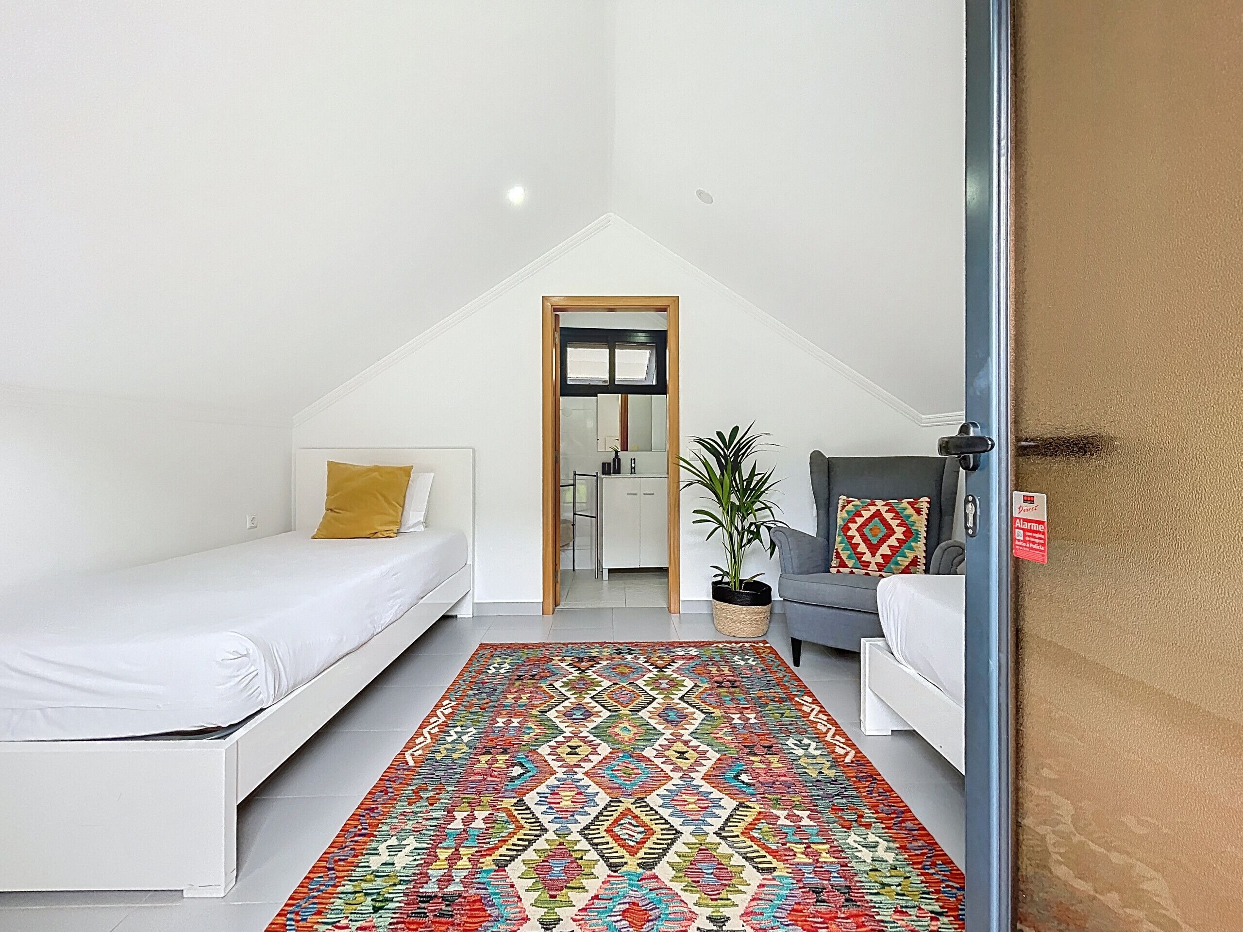 Une petite chambre moderne avec deux lits simples, un tapis coloré, un canapé gris et une plante en pot.