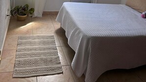 Una camera da letto con un letto, una pianta in vaso, un tappeto, una TV e un condizionatore d'aria.